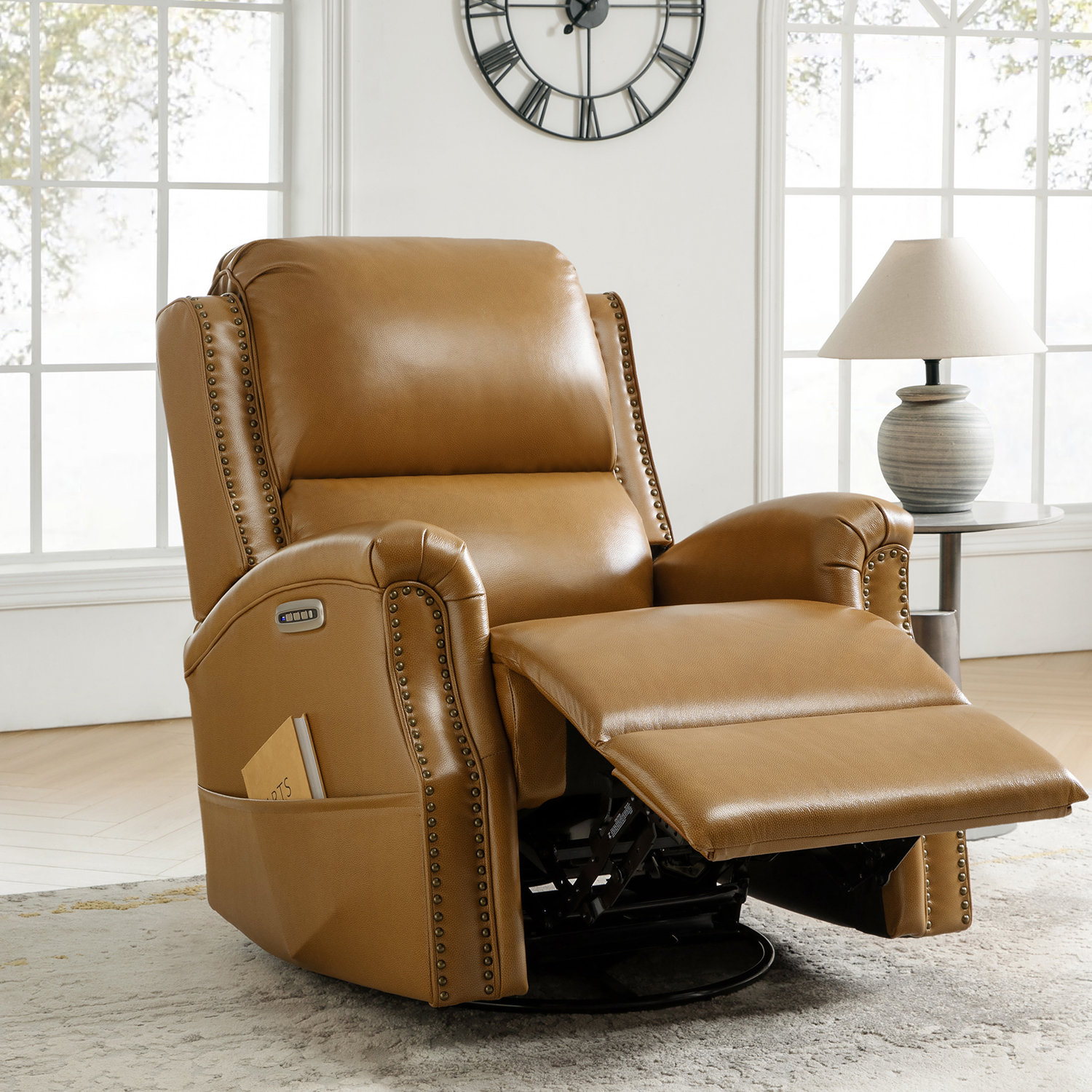 Red Barrel Studio Greabe Traditional Genuine Leather Power Swivel Glider Recliner with Power Adjustable Lumbar Support and Headrest Reviews Wayfair